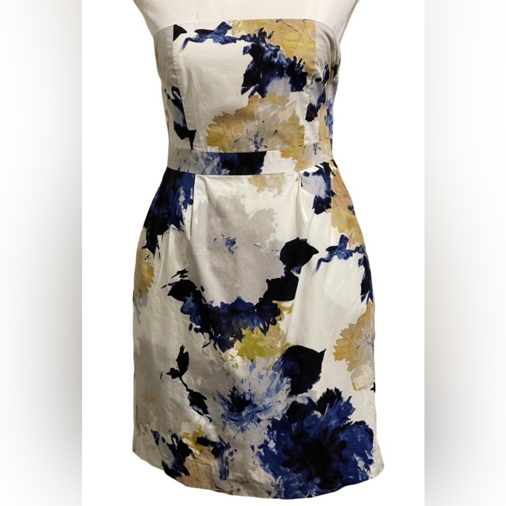 J. Crew Strapless Dress Floral White and Blue 100% Cotton Dress with Pockets 4